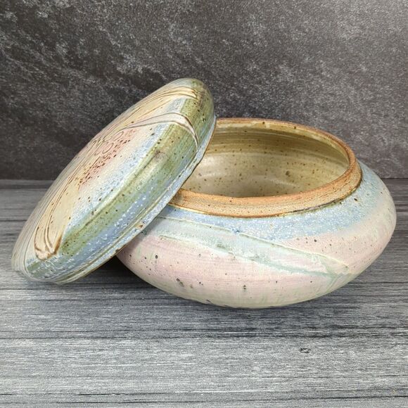 Vintage Artist Signed Pottery Large Stoneware Bowl w Lid Abstract Pastel Glaze - Picture 2 of 14